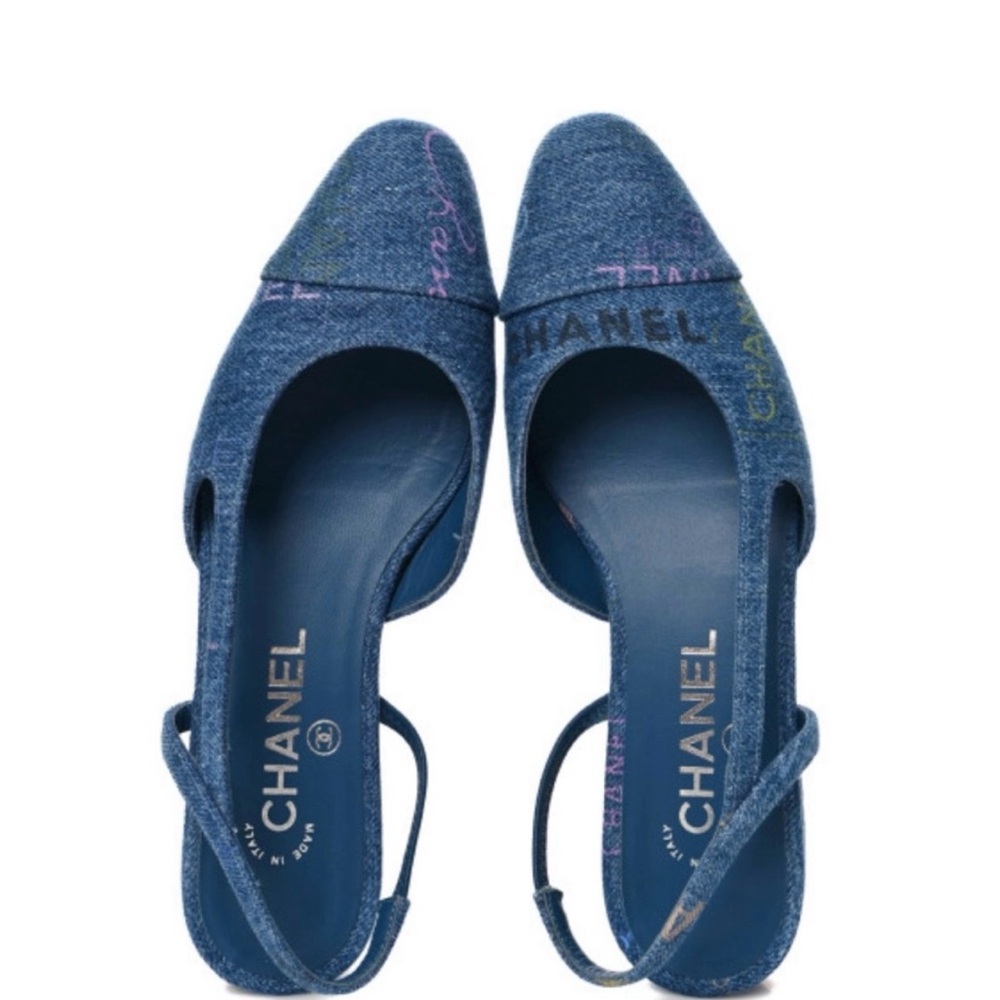 CHANEL Blue Denim Slingback Heels